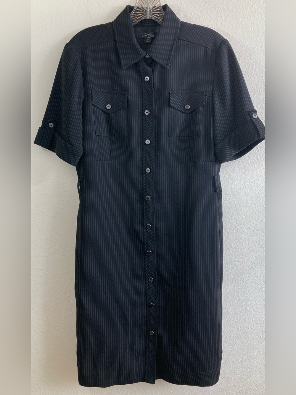Tahari Pinstripe Shirt Dress Size 8P Black Cream Button Front Dress